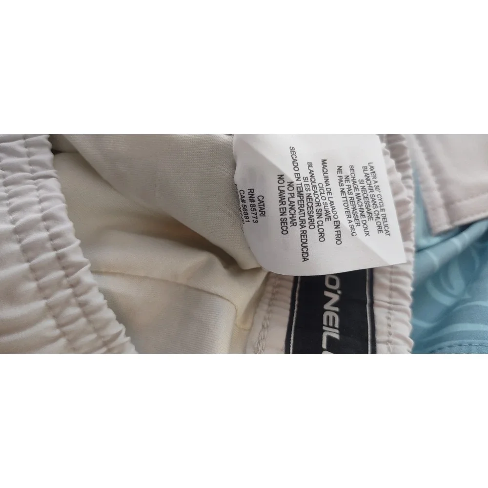 O'Neill Men's M Blue White Tropical Swim Trunks Elastic Waist Back Pocket